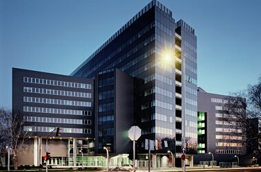 Glass facade of a modern and new building of the company KFK Tehnika