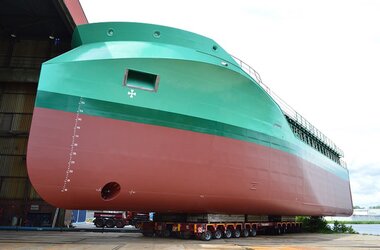 Transported ship from the shipyard Royal Bodewes in the Netherlands