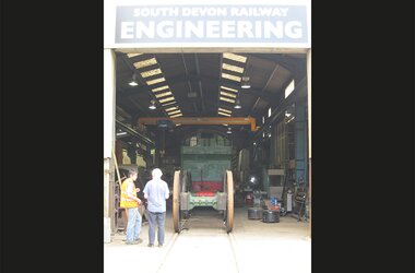 Workshop of the South Devon Railway in England with single girder travelling crane in main hall